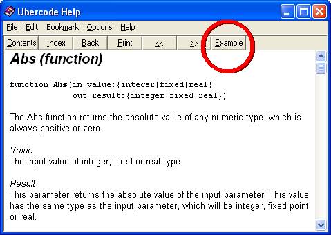 Learn Programming - Winhelp with the Example button circled